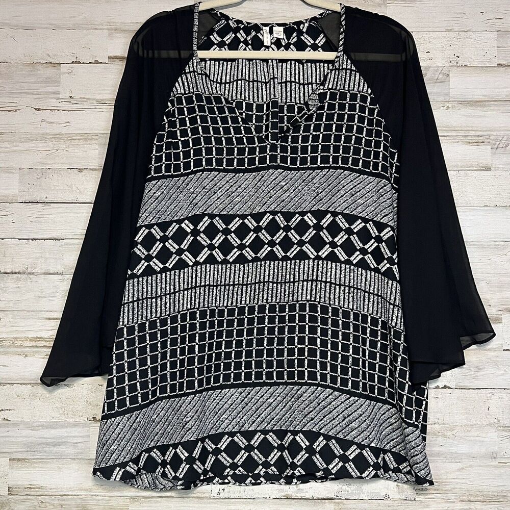 Cato Women's Top Black White Print Sheer Flowing 3/4 Sleeve Plus Size 22/24
